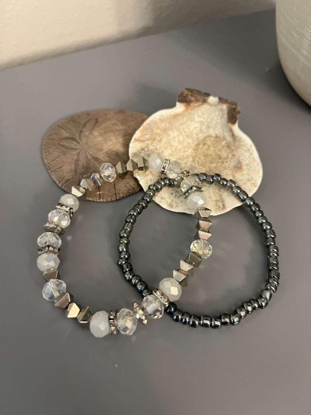 Hematite & Crystal Stretch Bracelet Set - Gunmetal Silver